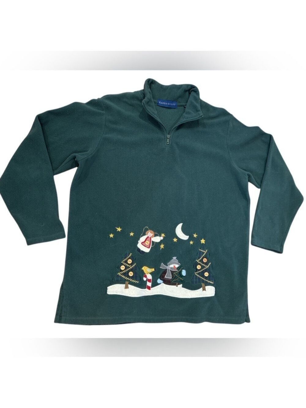 90s KAREN SCOTT GREEN FLEECE 1/4 ZIP SWEATER SNOWMAN ANGEL TREES APPLIQUES SZ L